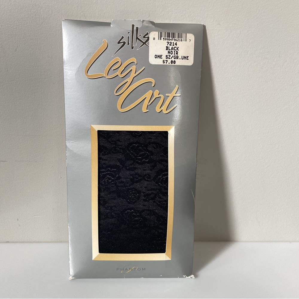 Vintage Lycra Phantom Silks Leg Art Lacy Floral Knee Hi's Black One Size NOS